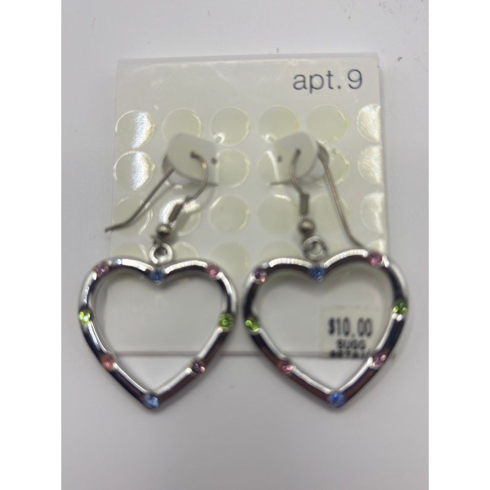Apt. 9 Silver Tone Multi Color Rhinestone Open Heart Drop Earrings NWT